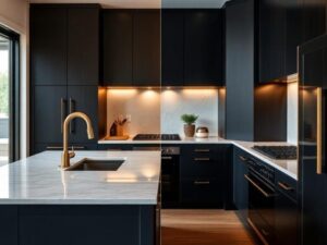 Sleek contemporary kitchen with black cabinets, white marble countertops, and a gold faucet on an island. Under-cabinet LED lighting adds warmth.